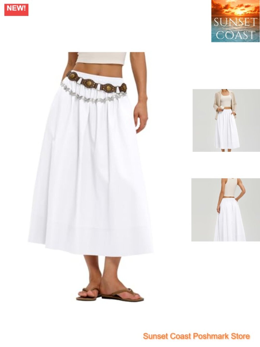 A-Line Midi Skirt with Pockets Elastic Waist Cotton Flowy Maxi Beach Casual